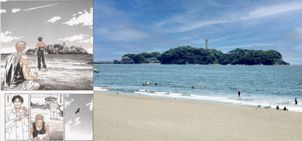 欔木花道及流川楓看著的小島，就是鎌倉的江之島了。