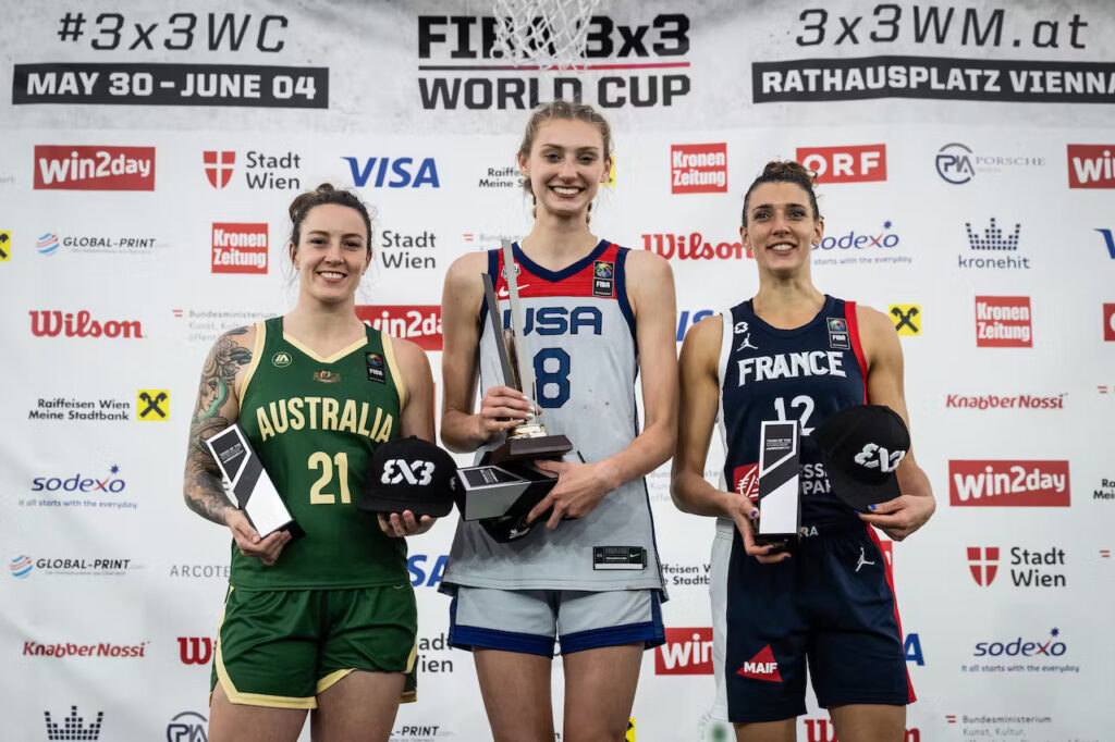 美國的Cameron Brink、法國的Laetitia Guapo及澳洲的Marena Whittle，獲選為今屆賽事的女子組最佳陣容。（圖片：FIBA）